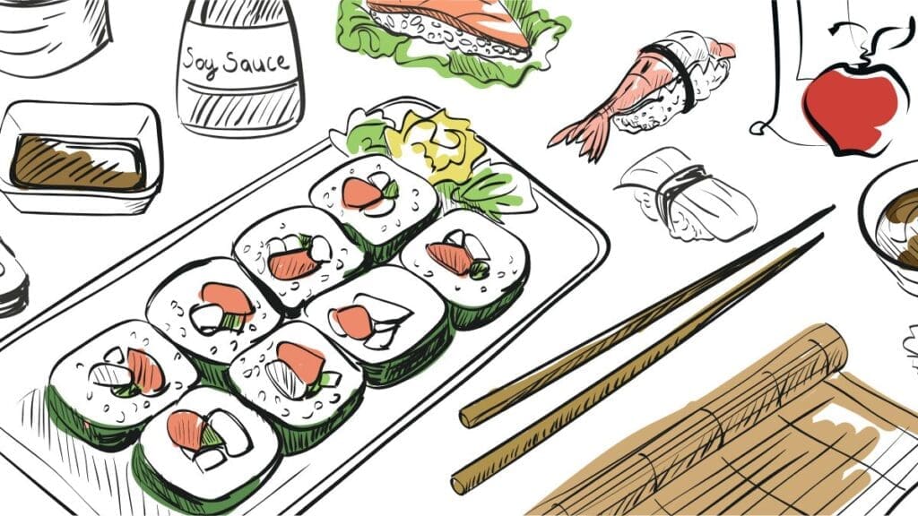 Illustration of sushi rolls laid out for a picnic