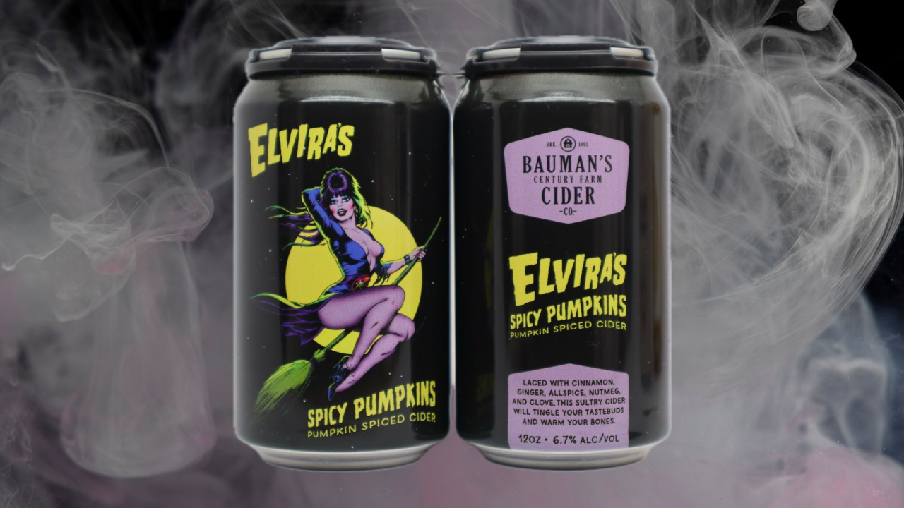 Bauman’s Cider Co. and Elvira, Mistress of the Dark, Unveil Spicy Pumpkins—The First-Ever Cider Collaboration for the Elvira Brand